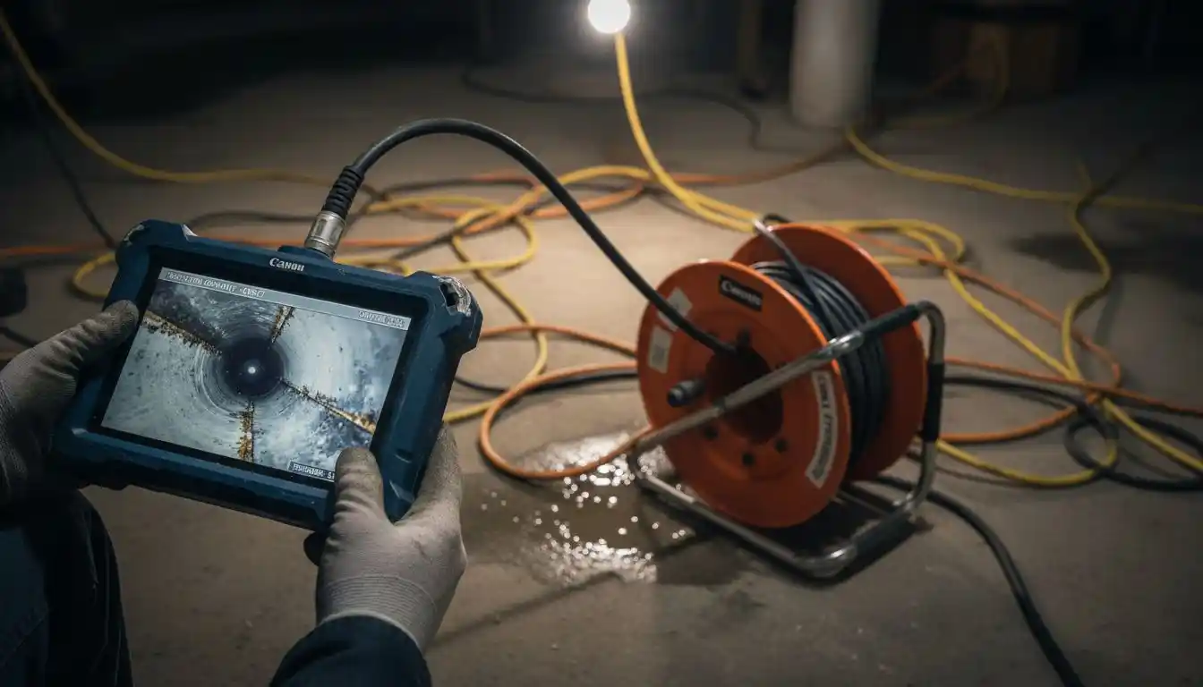 Un technicien en train de contrôler l’intérieur des canalisations à l’aide d’une caméra d’inspection.