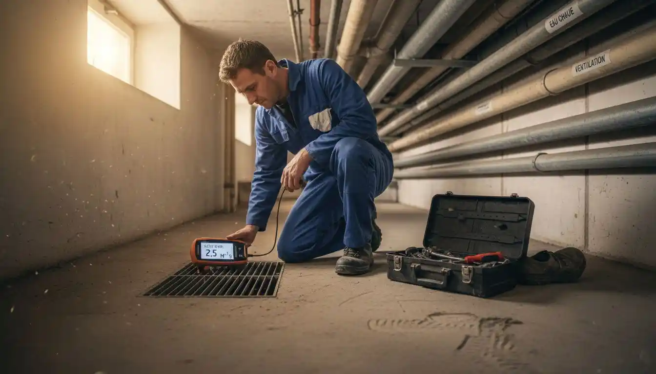 Un technicien contrôle le débit d’air dans une gaine située au sous-sol.