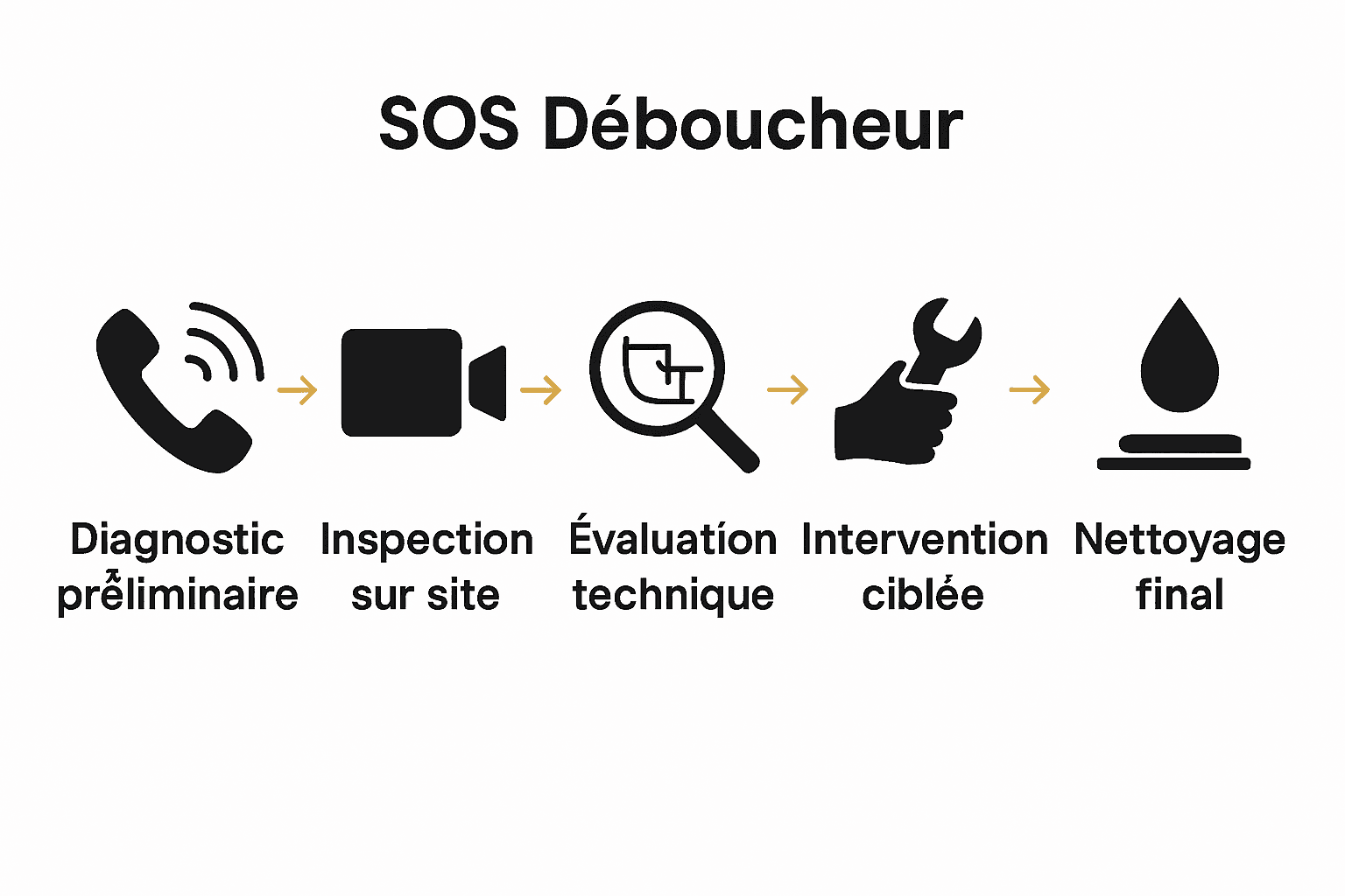 Étapes principales intervention SOS Déboucheur illustrées avec icônes.