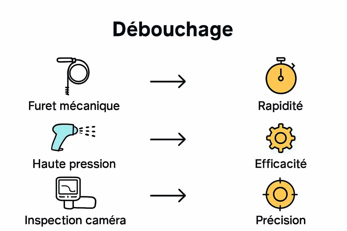 Infographie illustrant techniques et avantages du débouchage professionnel