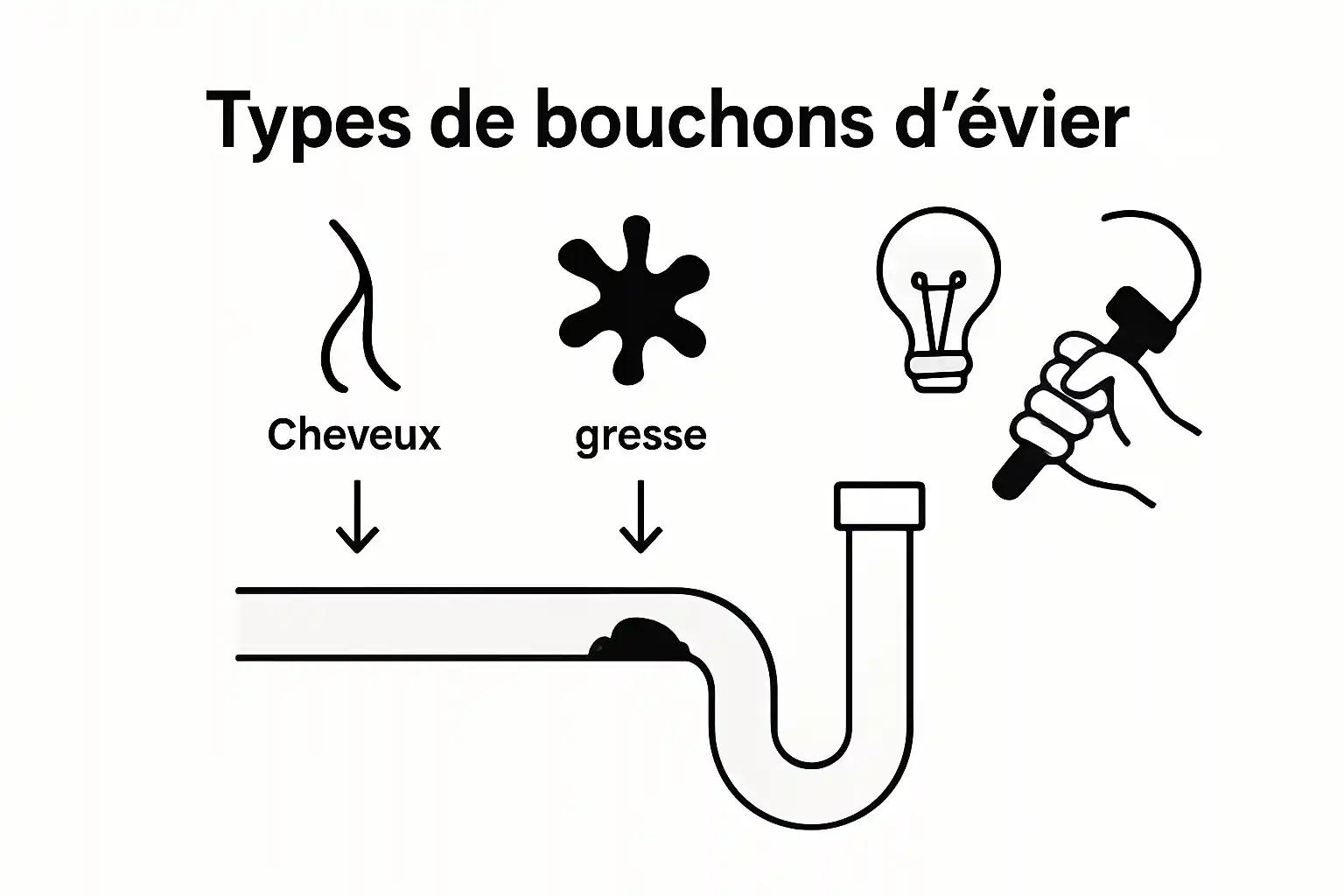Infographie présentant les trois types de bouchons les plus fréquents dans un évier