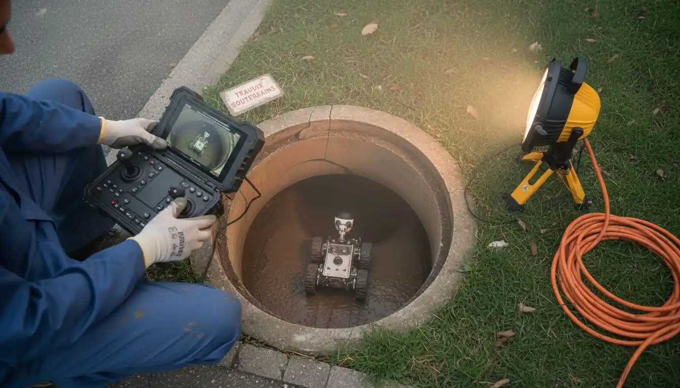 Un technicien intervient avec un robot d’inspection à l’intérieur d’une canalisation endommagée pour repérer les fissures.