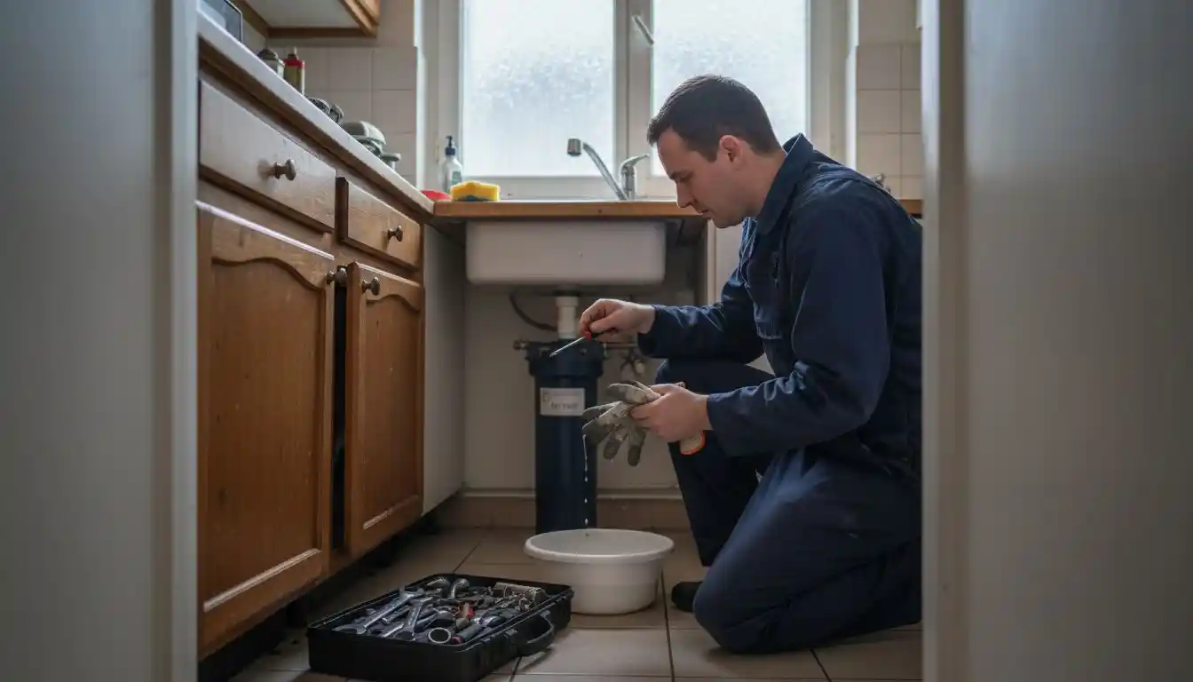 Un technicien procède à l’inspection du filtre d’assainissement installé sous l’évier.