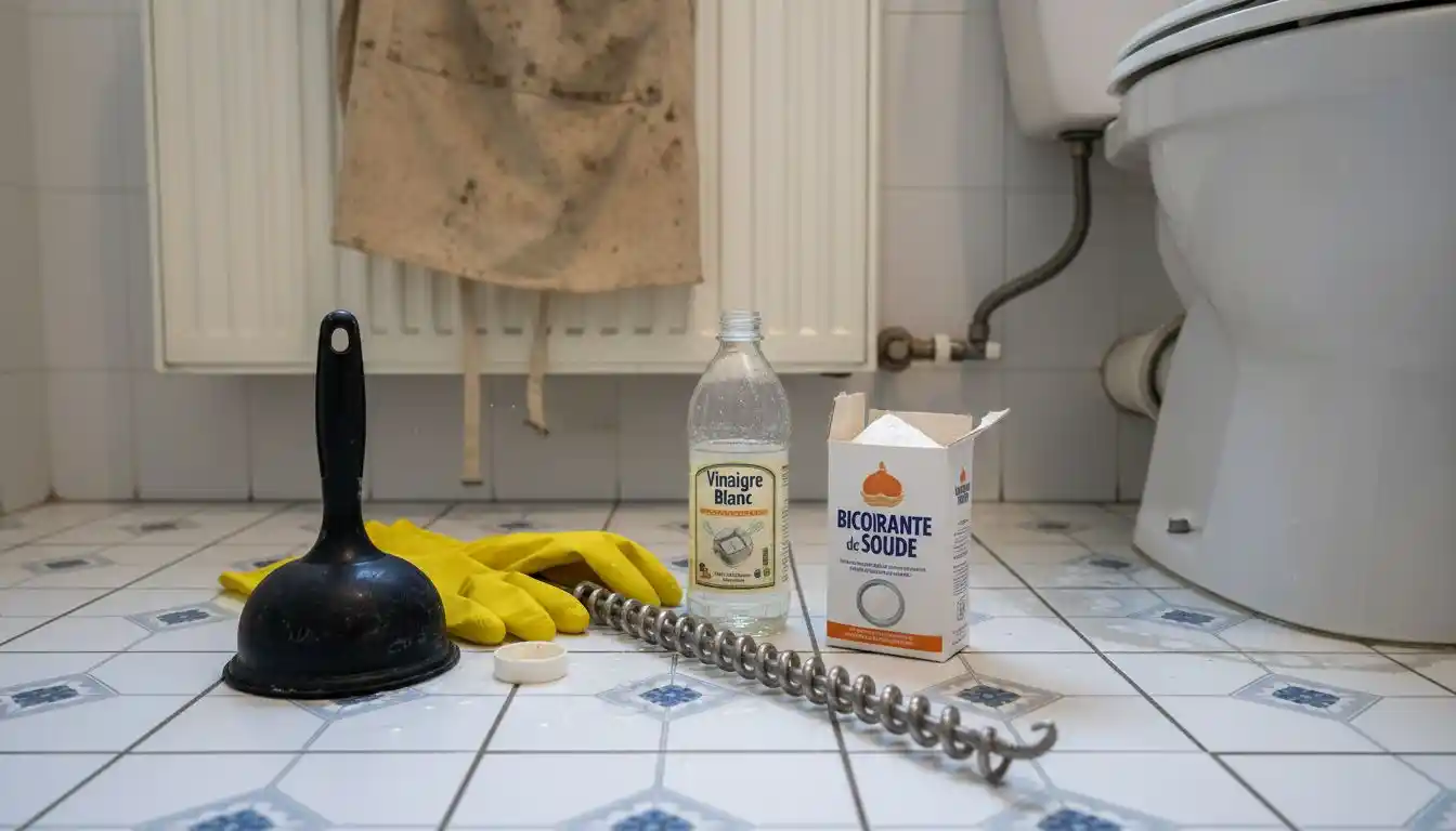 Les accessoires pour déboucher les toilettes ont été déposés directement sur le sol.