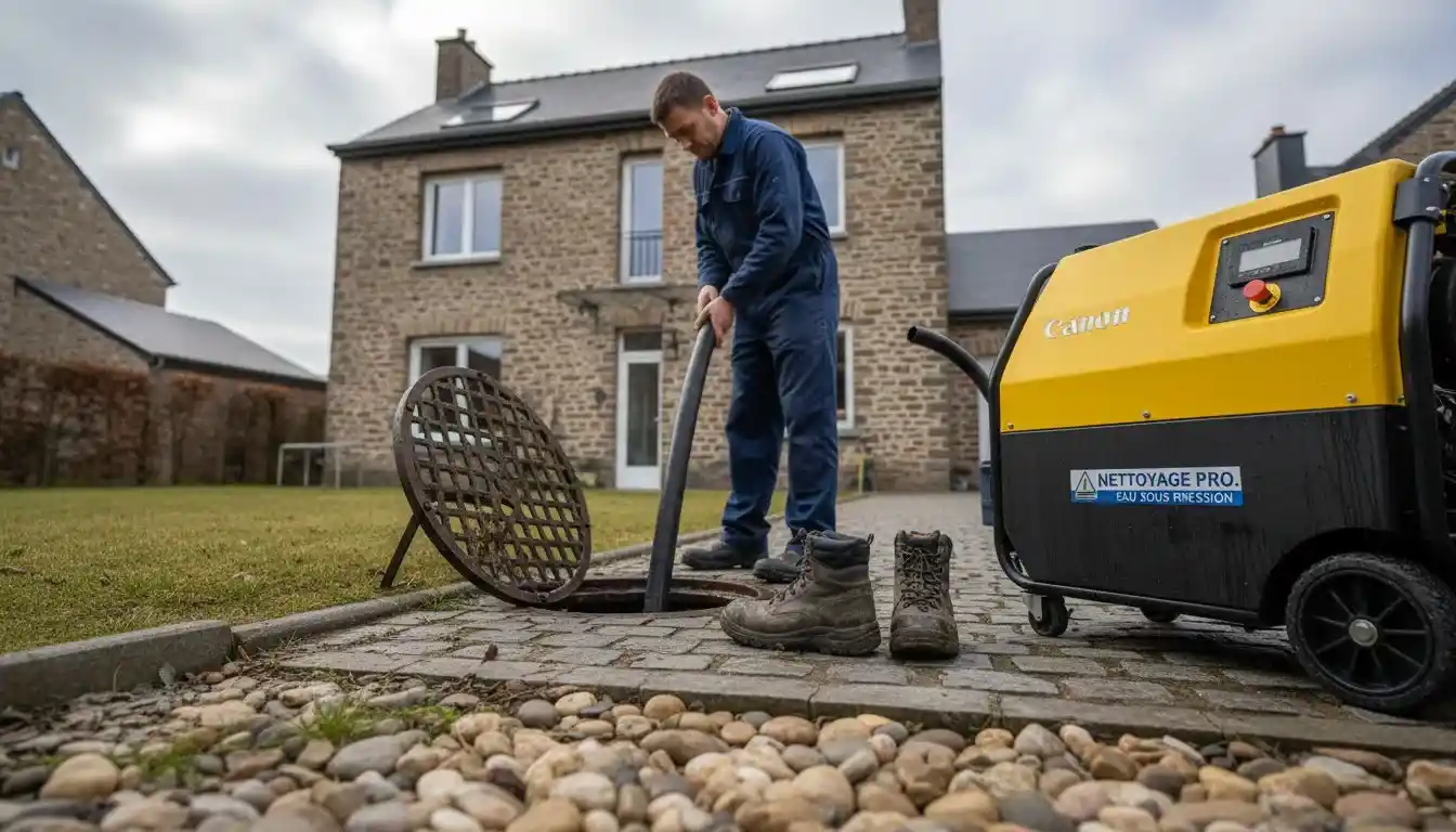 Un technicien procède au nettoyage d’une canalisation extérieure à l’aide d’un hydrocureur.