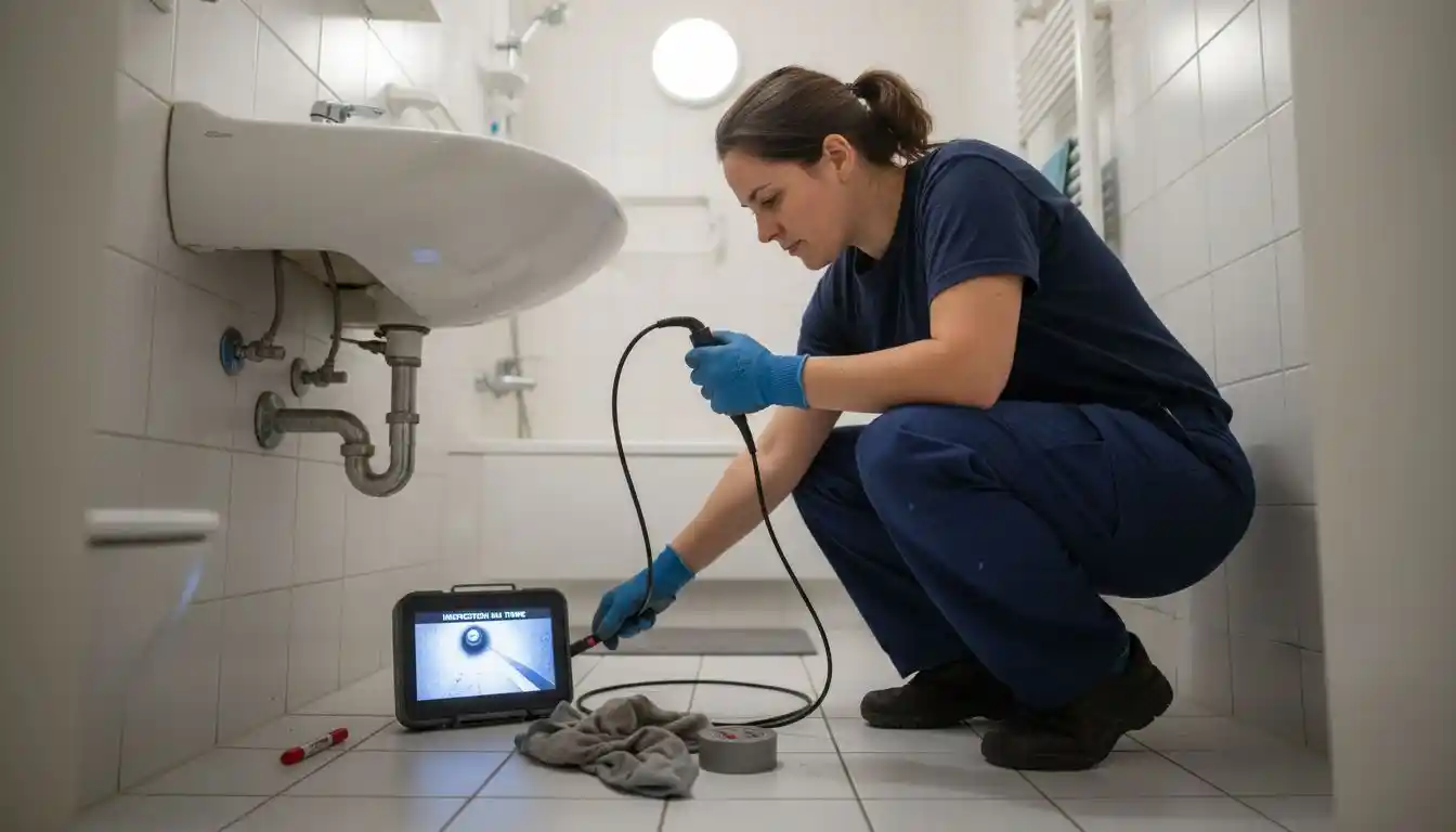 Une plombière examine attentivement les tuyaux sous le lavabo.