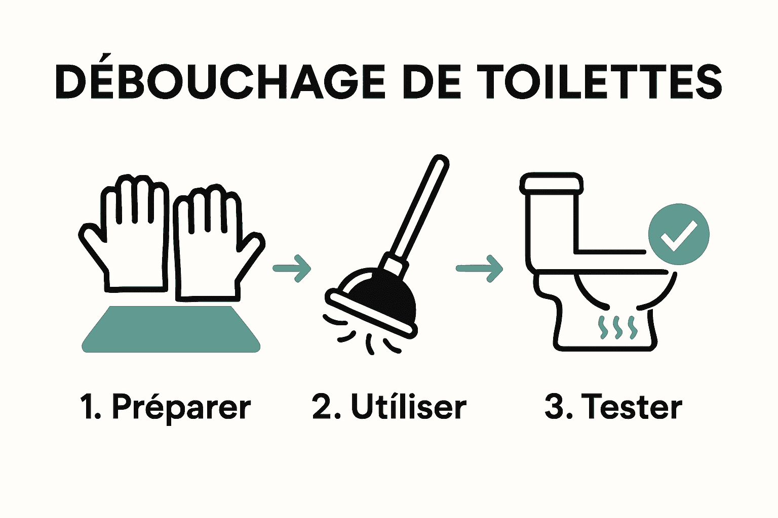 Processus visuel en 3 étapes pour déboucher toilettes