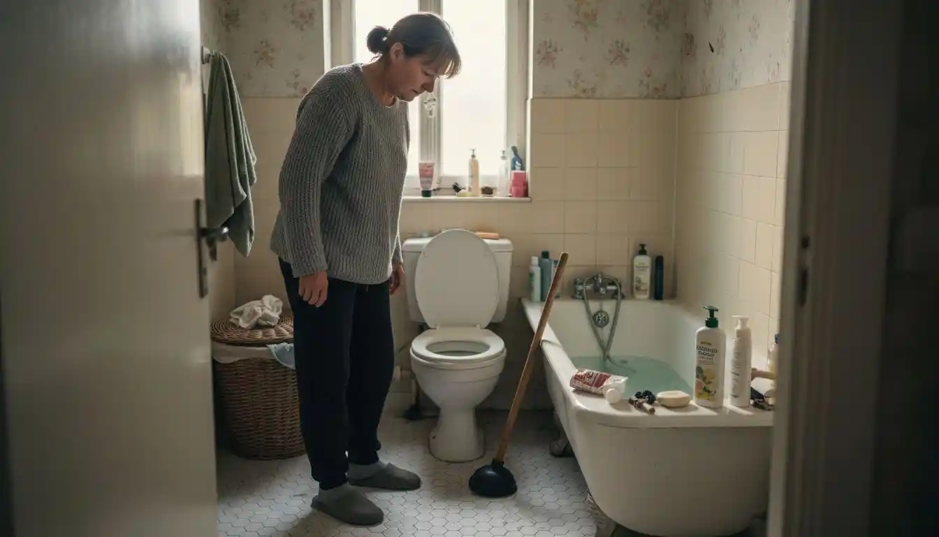 Scène de vie quotidienne où l’on remarque que les toilettes sont bouchées.