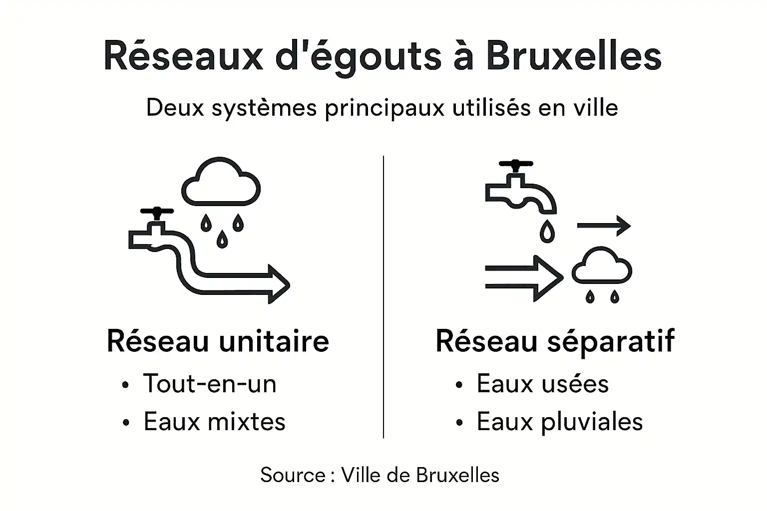 Schéma des différents types de réseaux d'égouttage à Bruxelles