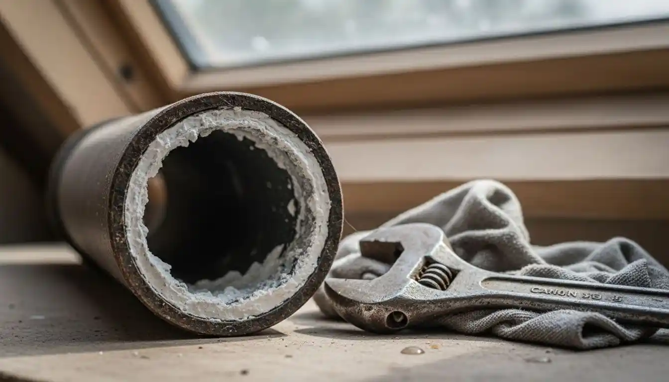 Section de tuyau présentant une importante couche de calcaire à l’intérieur.