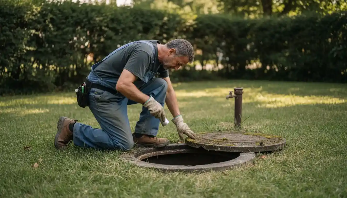 Technicien inspectant une fosse septique ouverte en plein air