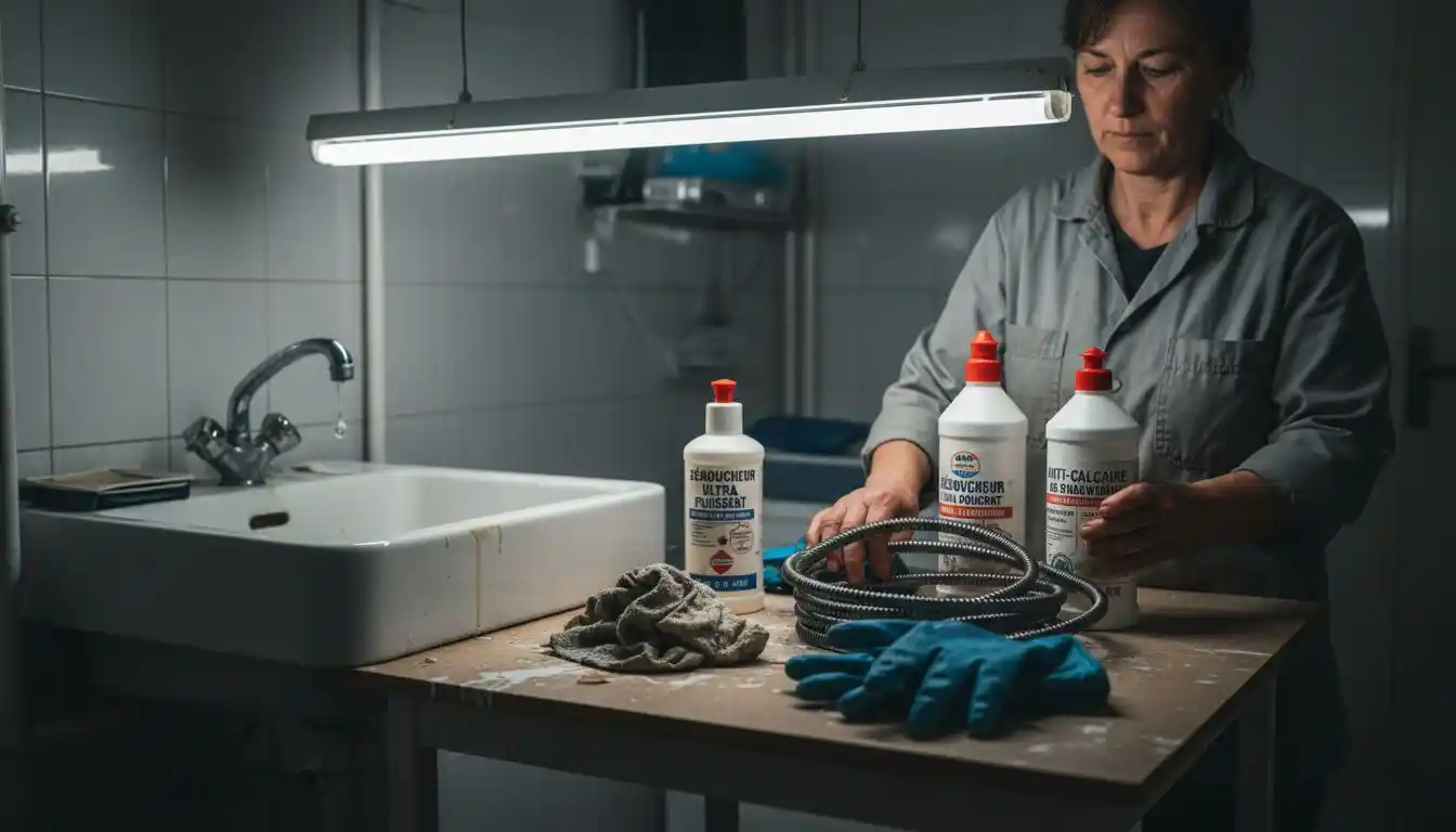 Un ensemble d’outils de débouchage posé sur l’établi de l’atelier