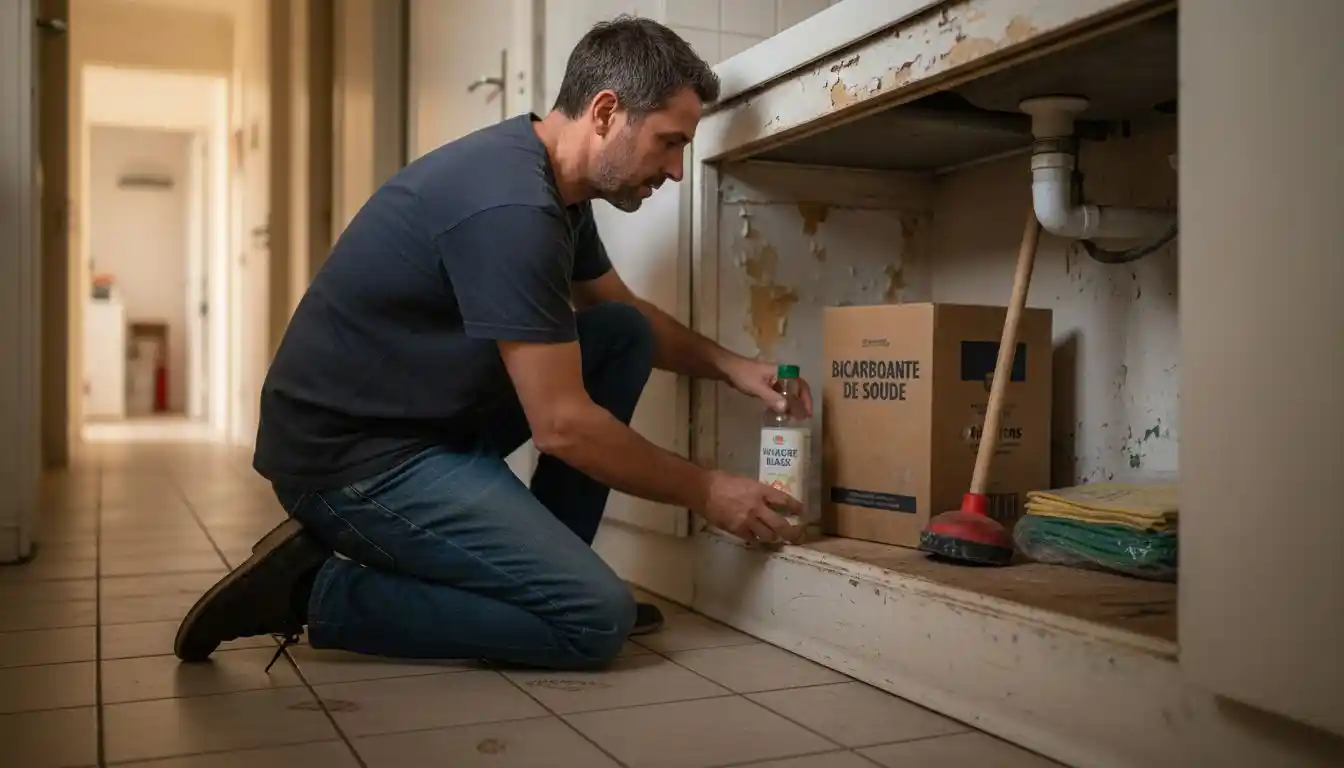 Un papa organise ses produits écologiques sous l'évier de la cuisine.