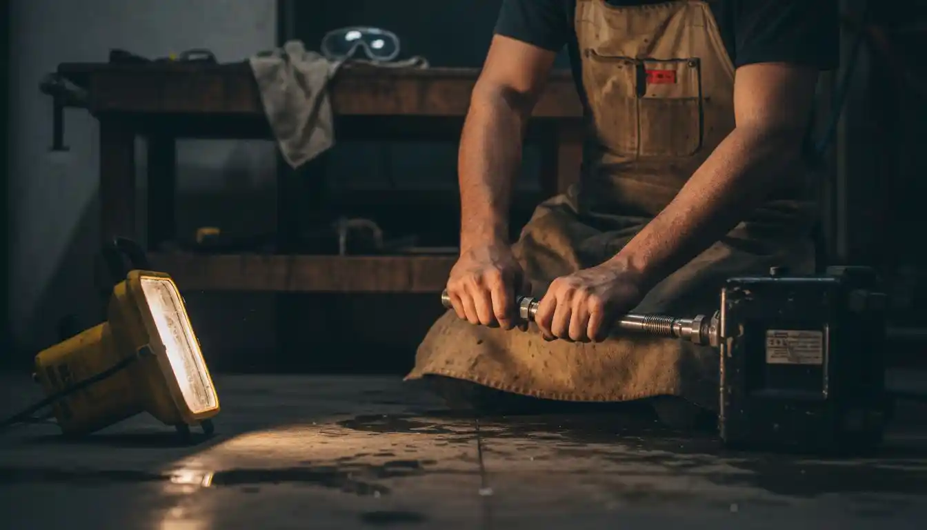Un plombier en train de régler la buse de son nettoyeur haute pression