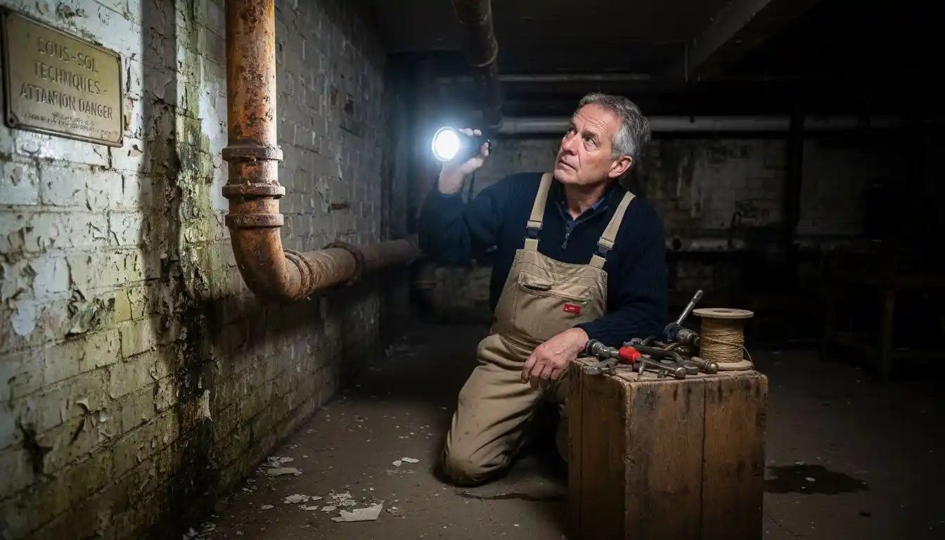Un plombier examine l’état des vieilles canalisations dans une cave à Bruxelles.