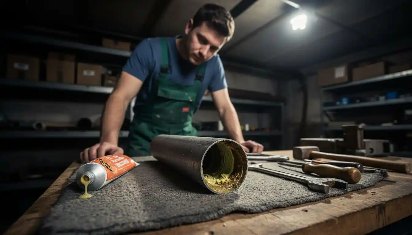 Un plombier examine l’accumulation de graisse dans une canalisation après découpe du tuyau.