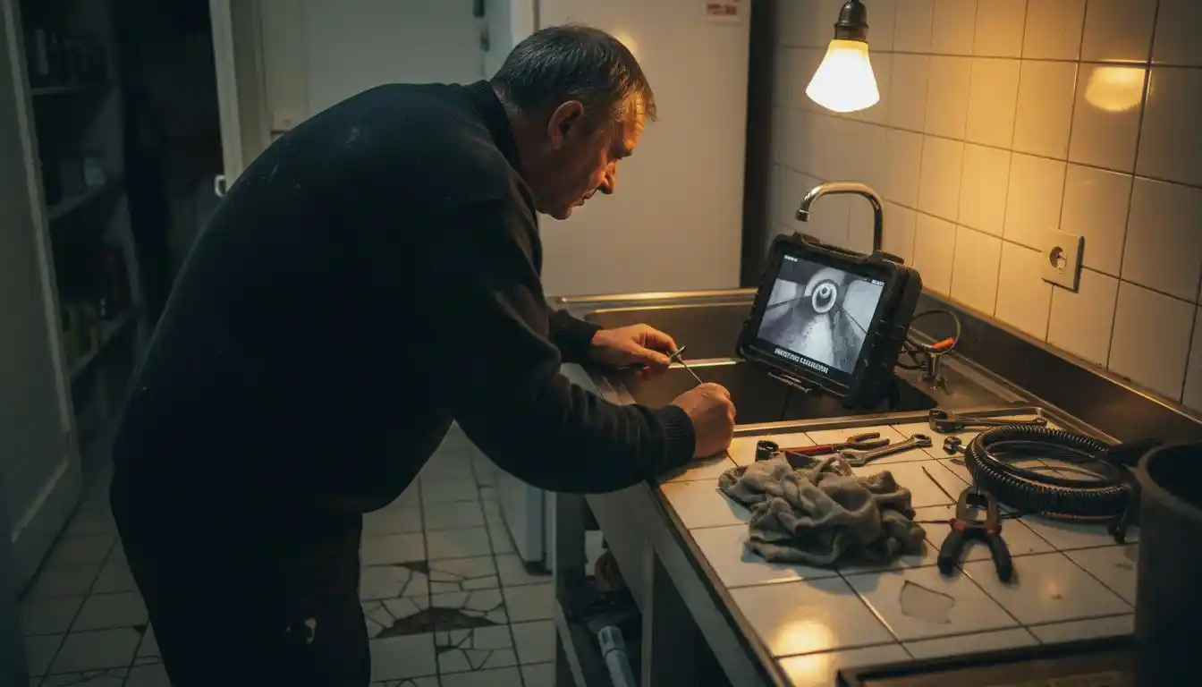 Un plombier examine les images transmises par une caméra d’inspection dans la cuisine.