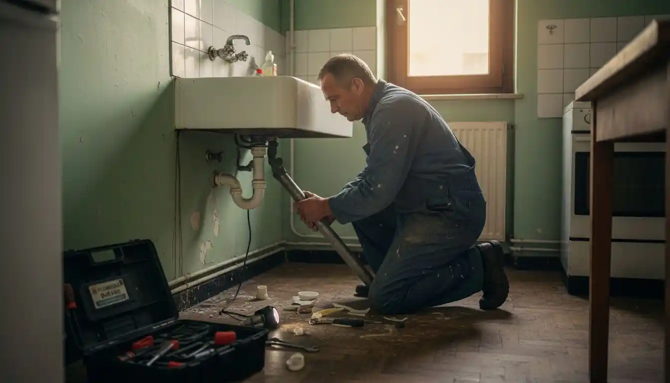 Un plombier examine l’état d’une vieille conduite d’eau à Bruxelles.