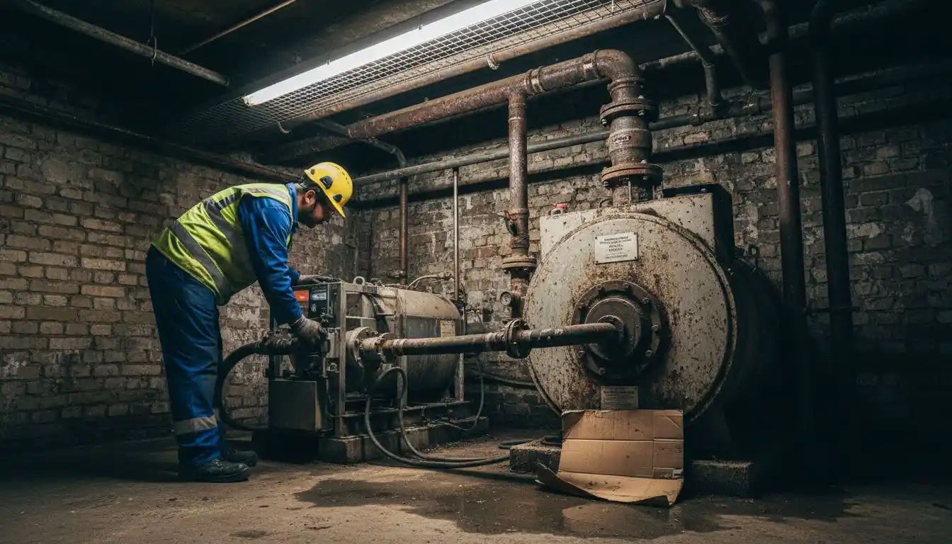 Un technicien s’affaire au nettoyage des conduits dans une cave typique de Bruxelles.