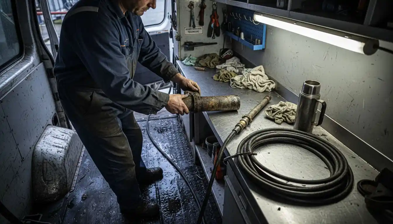 Un technicien procède à la vérification du matériel de nettoyage des canalisations.