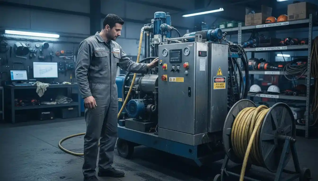 Un technicien procède à la vérification d’un équipement professionnel de débouchage de canalisations.