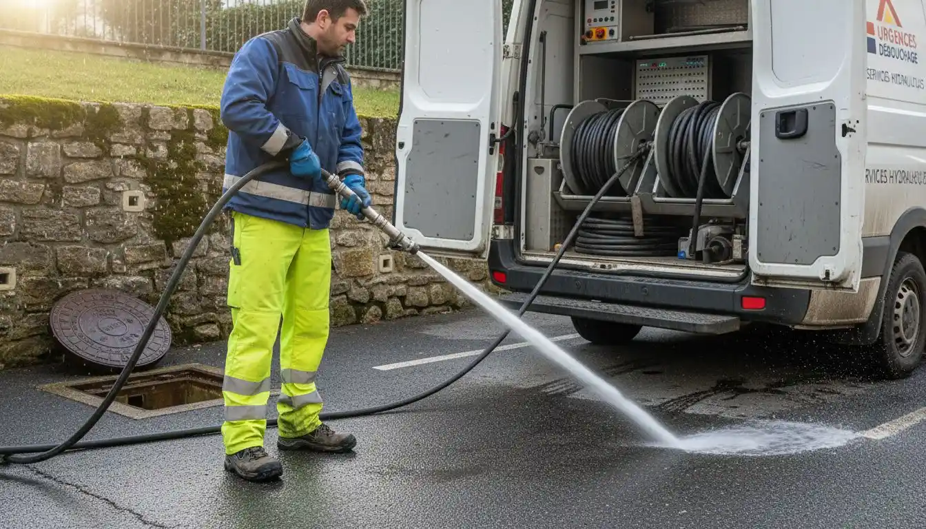 Un technicien procède à un nettoyage haute pression près d’un immeuble.