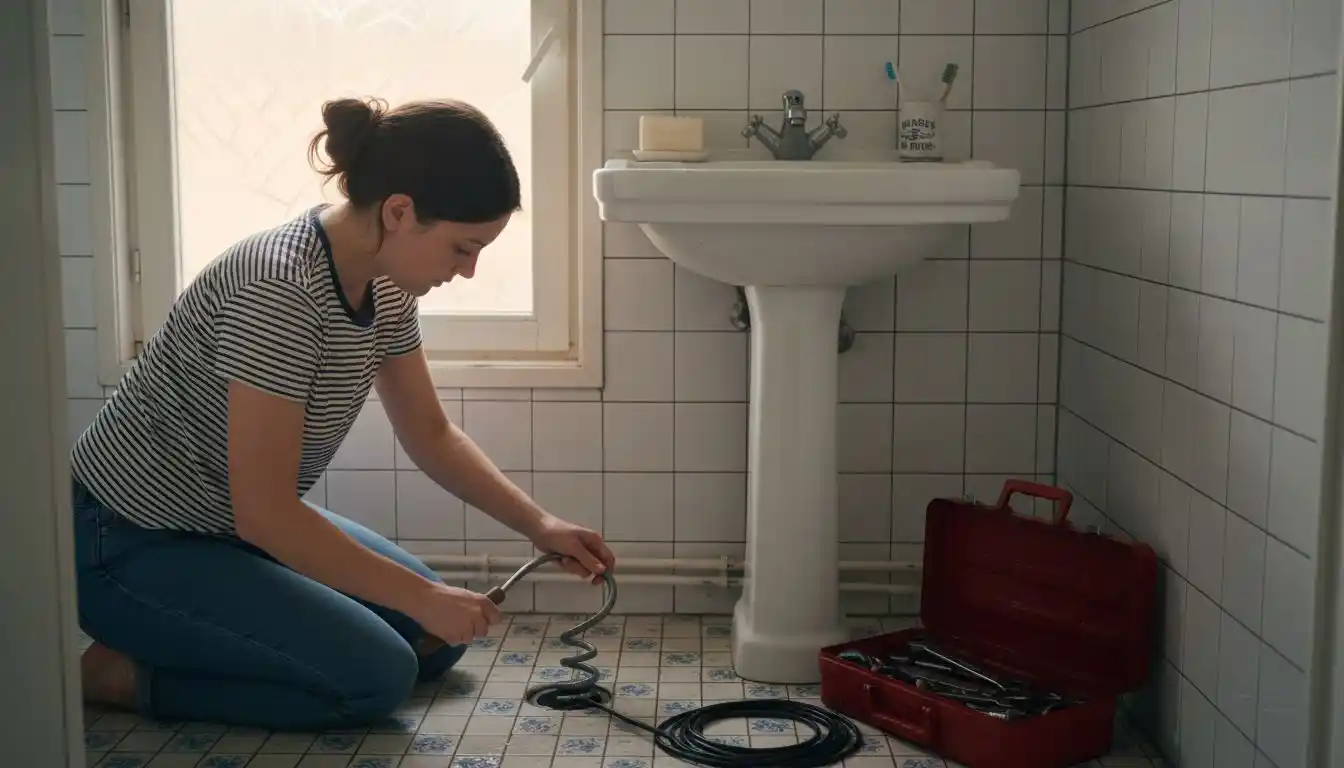 Une femme en train de déboucher le siphon de la salle de bain à l’aide d’outils.