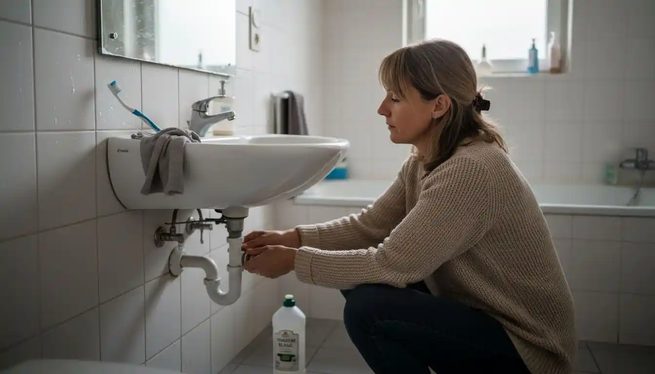Une femme en train de déboucher le siphon de son lavabo dans la salle de bains.