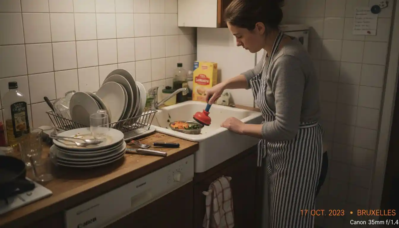Une femme essaie de déboucher son évier à l’aide d’une ventouse.