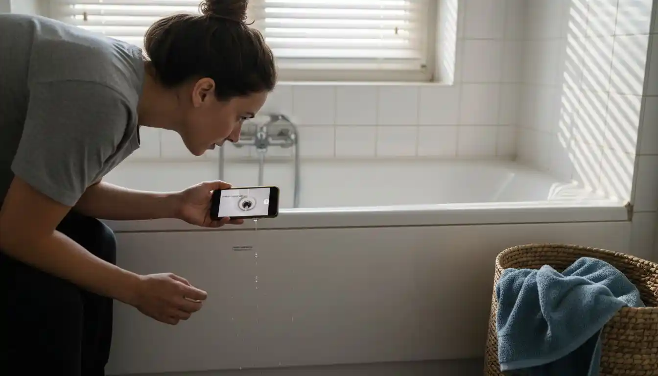 Une femme remarque que sa baignoire est bouchée et prend une photo pour garder une preuve du problème.