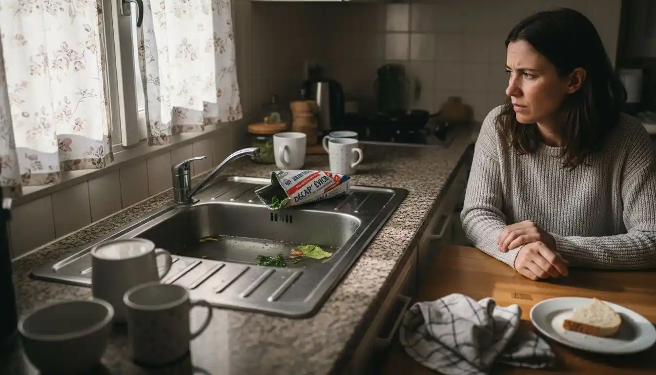 Une femme remarque les signes d’un évier de cuisine bouché