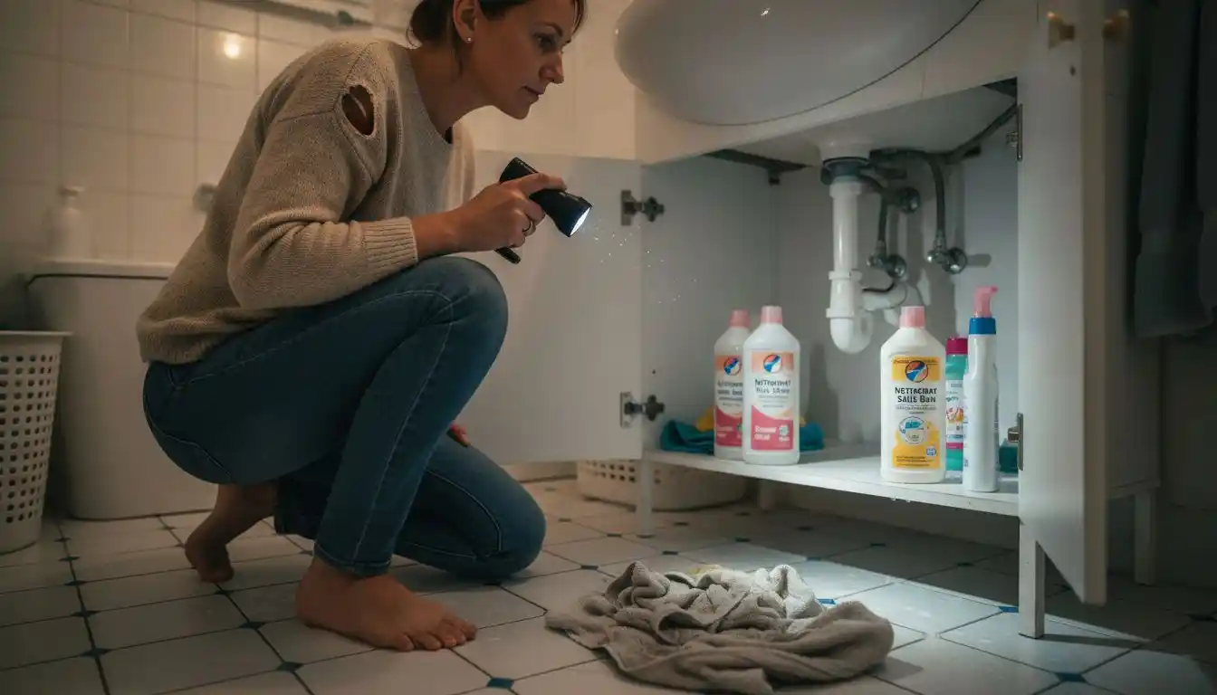 Vérification des tuyaux sous le lavabo de la salle de bains