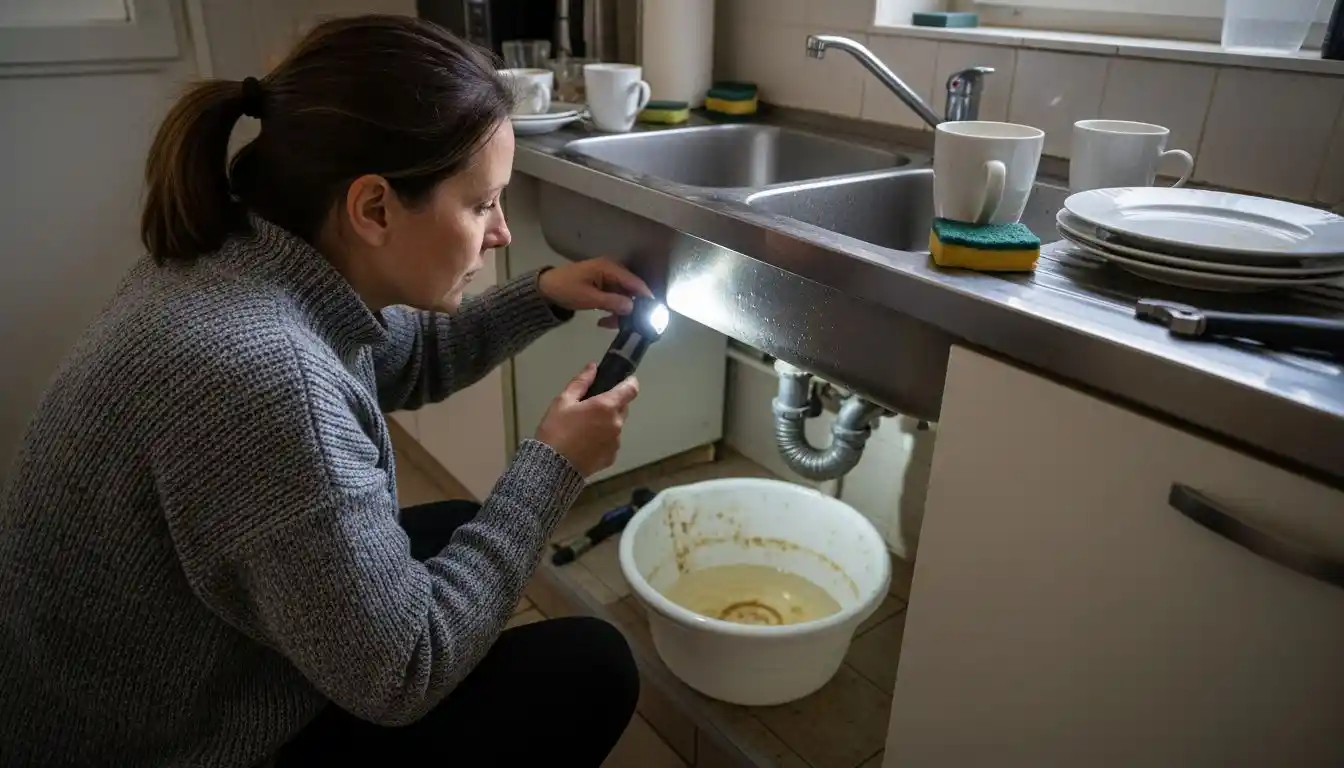 Vérification du siphon de l’évier à l’aide d’une lampe de poche